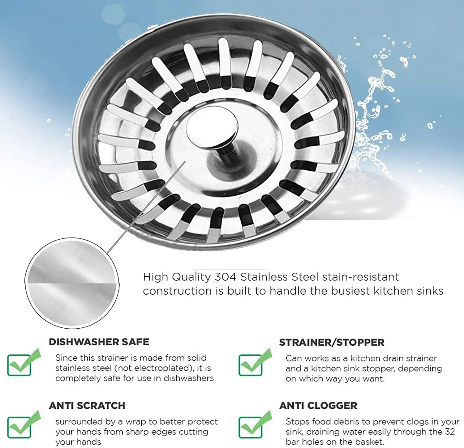 Kitchen Sink Strainer Plug Stainless Steel Thicken Hole Diameter 78mm Dish Drainers Mesh