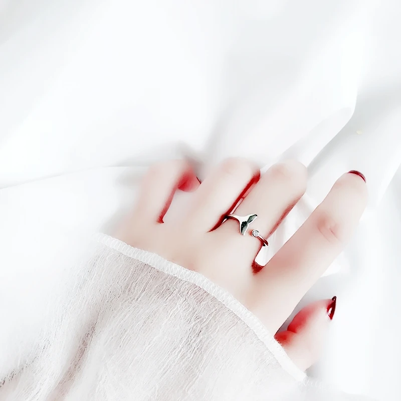 WYEAIIR 925 Sterling Silver Mermaid Fish Tail Whale Cute Sweet Literary Resizable Opening Ring For Women Luxury Jewelry 2