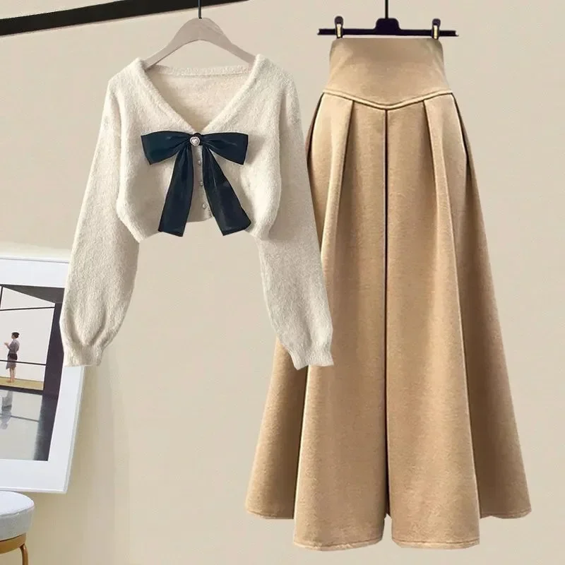 Autumn Winter Large Size Set Women New Bow Knitted Cropped Cardigan Sweater and Half Skirt Korean Fashion Two Piece Set