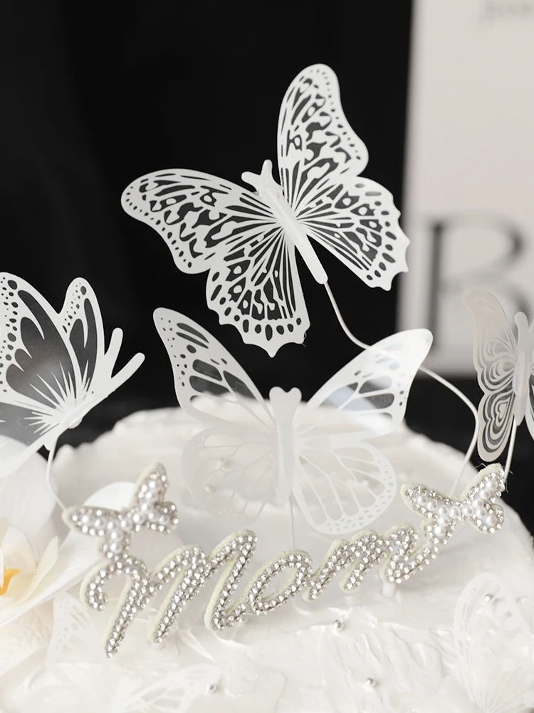 Elegant White Butterfly Cake Topper Set for Wedding and Party Decorations