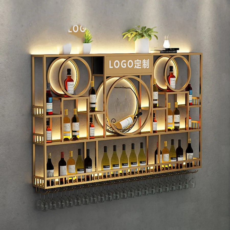 

Wall Mount Bar Cabinet Display Gold Outdoor Commercial Boutique Industrial Handmade Wine Rack Square Vinotecas Modern Furniture
