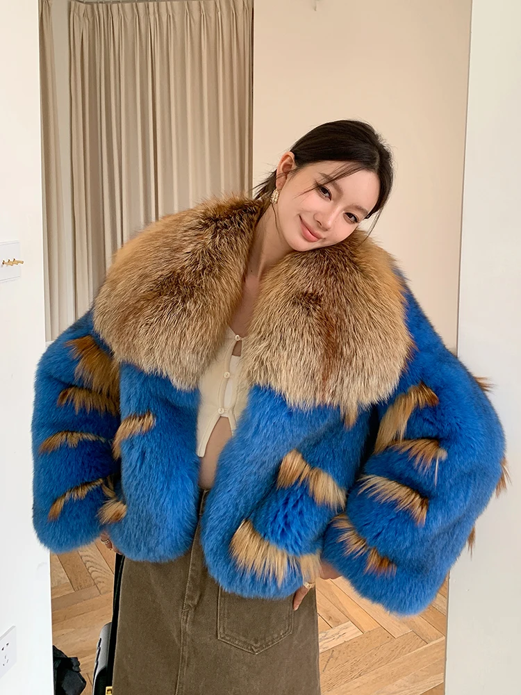 

Luxurious 2022 high fashion blue real fox fur Jacket large collar Ladies Real fox fur jackets and Coat JD63