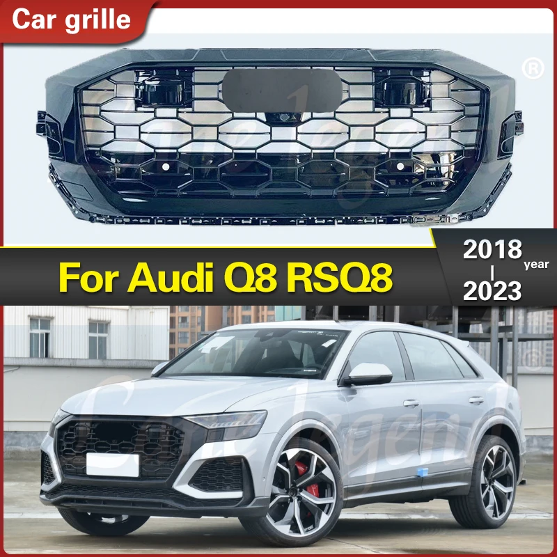 

High quality black Racing Grill Front Grille For Audi Q8 2018-2023 Upper Bumper Hood Mesh Grid Body Kit modify for RSQ8 Style
