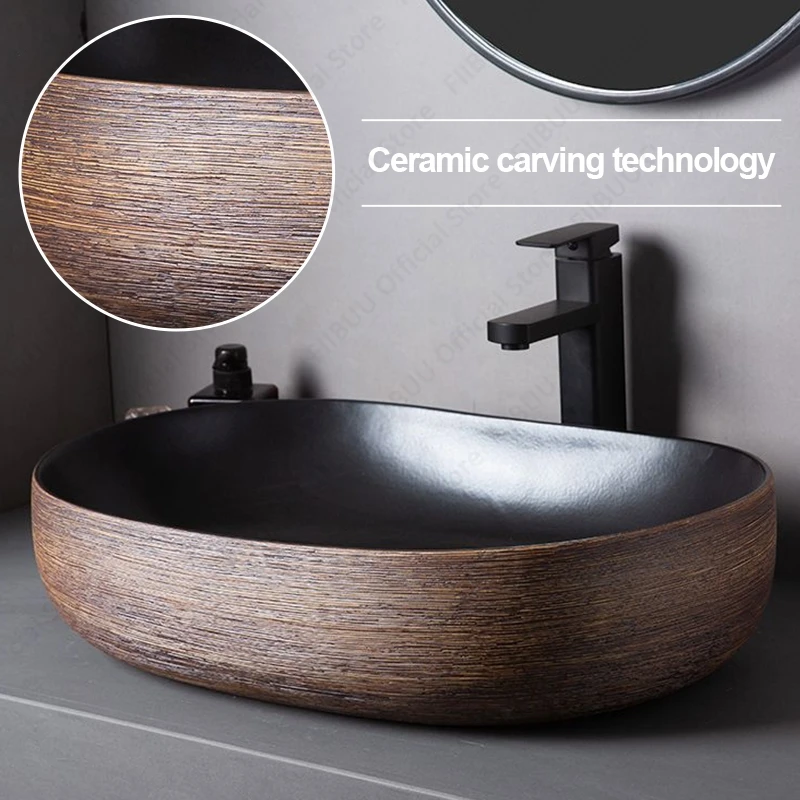 Brown Porcelain Ceramic Vessel Sink Above Counter Vanity Bowl Basin Bathroom Sanitary Balcony Table Sink Countertop Oval Basin 3