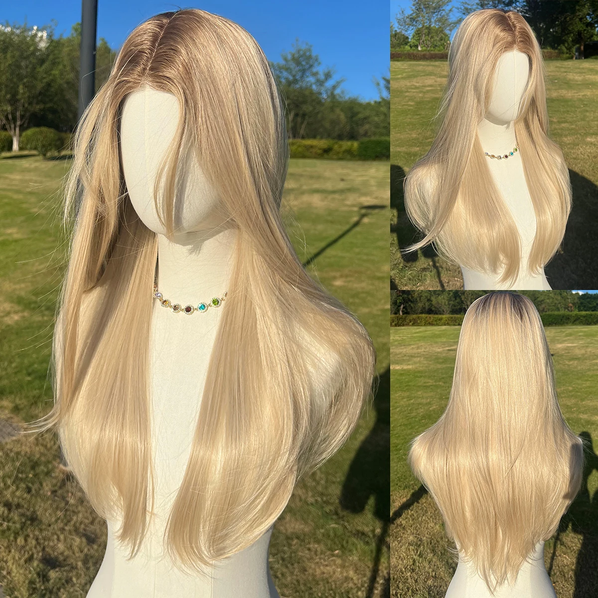 26inch Long Straight Synthetic Natural Golden Lolita Wig With Bangs Girl Cute Blonde Cosplay Party Halloween Ladies Wig