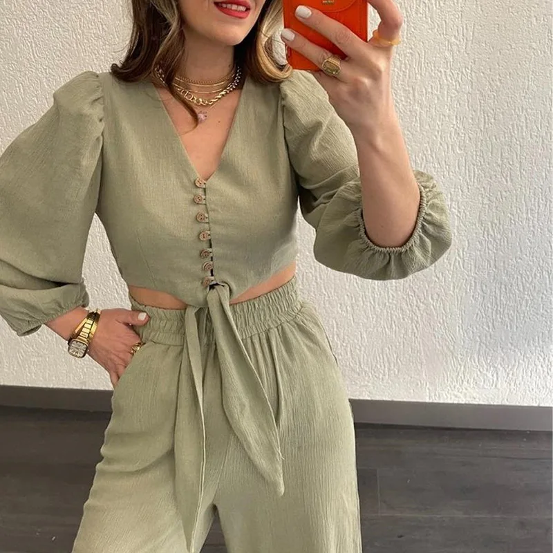 

Wepbel Women Trousers Sets Midriff Outfit Tied Tshirt Top Loose 2023 V Collar Blouses Tops Wide Leg Pants Casual Two-Piece Suit