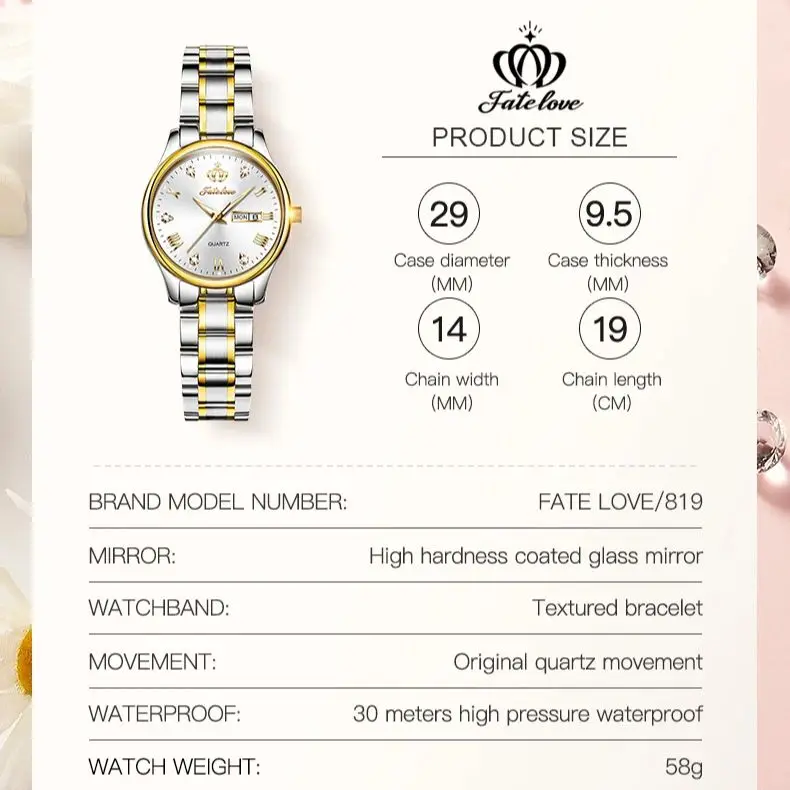 FATE LOVE 819 Luxury Quartz Watch for Women Stainless Steel Waterproof Classics Wristwatch for Lady Bracelet Sets Women Watch 6