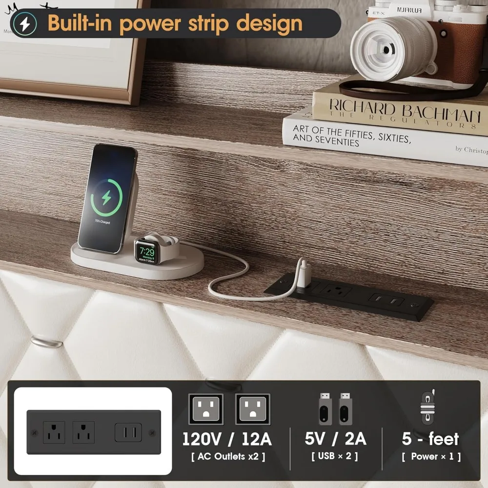 Large Bed Frame, 51.9-inch High Wing Back Cushioned Storage Headboard, with USB Charging, LED Platform Bed 5