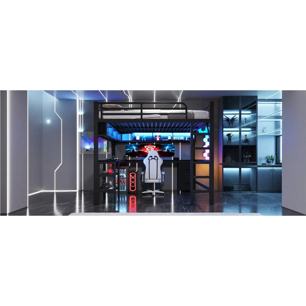 140 x 200 cm modernes Metall-Hochbett für Spiele mit Bücherregal, Kinder-Etagenbett mit Schreibtisch und Kleiderschrank, USB- und LED-Beleuchtung, weiß – Detail 34