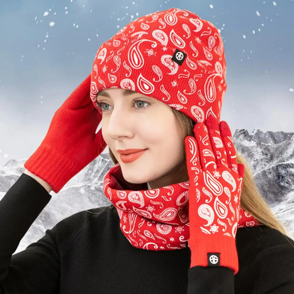 

Stretchy Hat Ultra-thick Windproof Winter Beanie Hat Scarf Gloves Set Soft Knitted Outdoor Print Neck Warmer Elastic Weather
