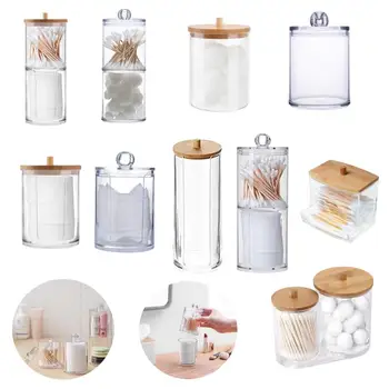 투명 대나무 메이크업 면 면봉 상자, 정리함 화장품 면 패드 거치대 아크릴 Qtip 용기, 욕실 정리함