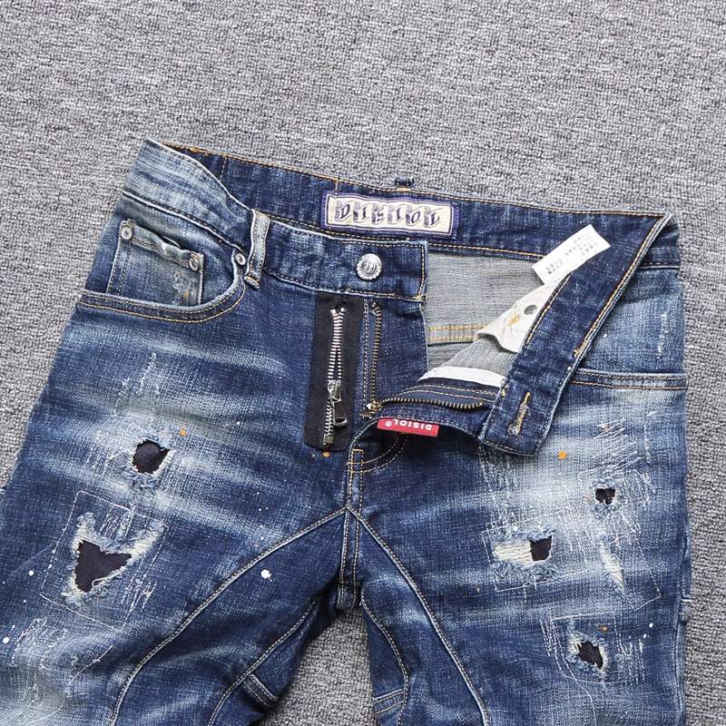 Street Fashion Men Jeans Retro Blue Slim Fit Spliced Designer Biker Jeans Homme Hip Hop Hole Ripped Pants Men Vintage Trousers