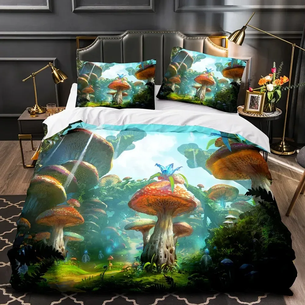 Mushroom Fairy Forest Duvet Cover Magic Lilliputian Cartoon Fungus Plant Bedding Set Fantasy Garden Polyester Comforter Cover 4