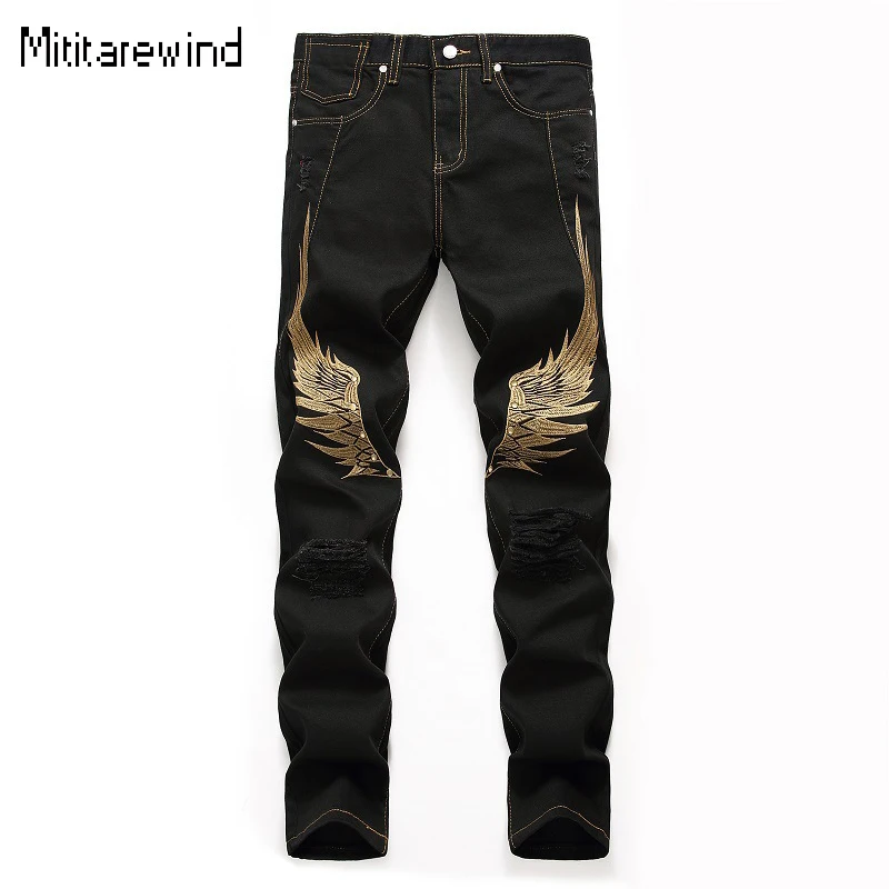 

Four Seasons New Men's Jeans American Hip Hop Y2k Streetwear Slim Jeans Embroidered Wings Ripped Jeans Youth Personalized Pants