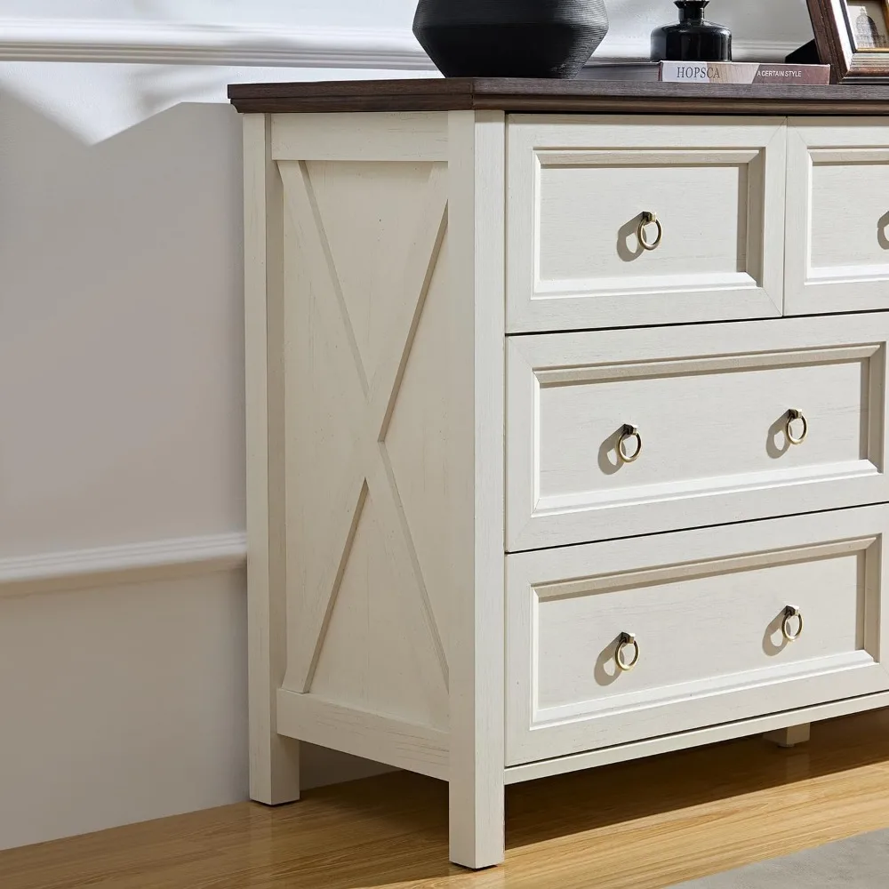 54'' Farmhouse 7 Drawer Dresser for Bedroom, Rustic White Dresser with Barn-Door Design, Spacious Tabletop & Round Brass Handles 6