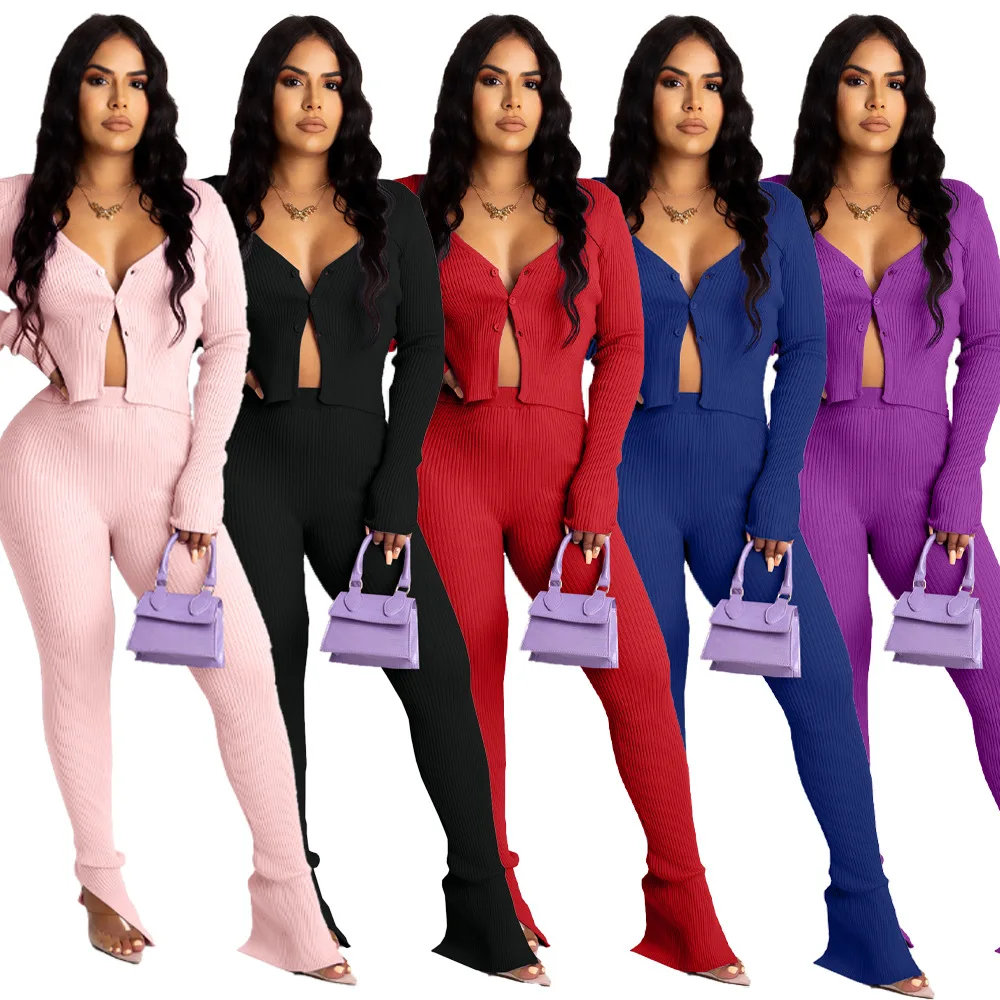 

Womens Fall Sets Ribbed Knitted Tracksuit Two-Piece Set Party Club Outfits 2023 Fashion Tidal Current Clothing