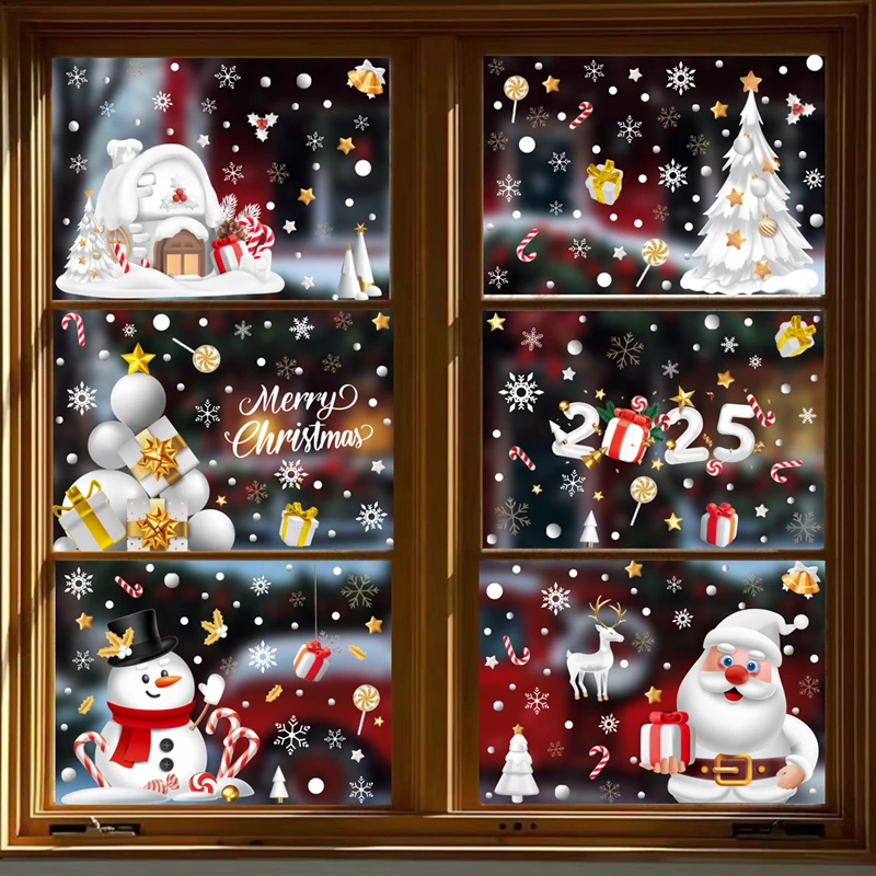 2025 Christmas Window Stickers Santa Claus Snowman Glass Sticker Christmas Home Room Decoration Static Stickers Happy New Year