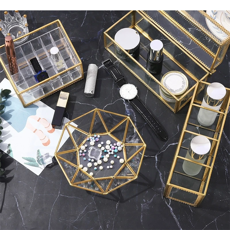 Metal Glass Jewelry Box Lipstick Cosmetics Storage Ornament Living Room Desktop Organizer Modern Home Ring Earring