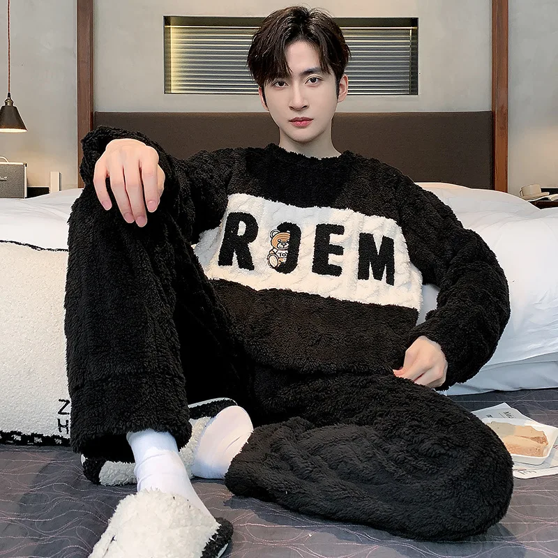 Vêtements de nuit chauds et épais pour l'hiver, velours de corail, vêtements de détente en flanelle pour hommes, grande taille, ensemble de 2 pièces, vêtements de maison, automne et hiver