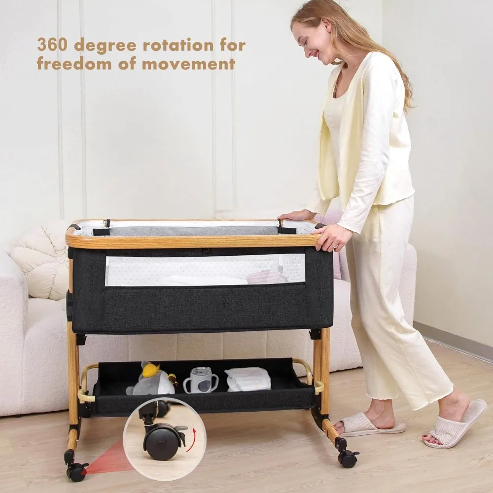 Baby Bassinet, 3 in 1 Bedside Crib for Newborn, 6 Height Adjustable  Easy Folding & with Mosquito Net & Storage Basket & Wheels 5