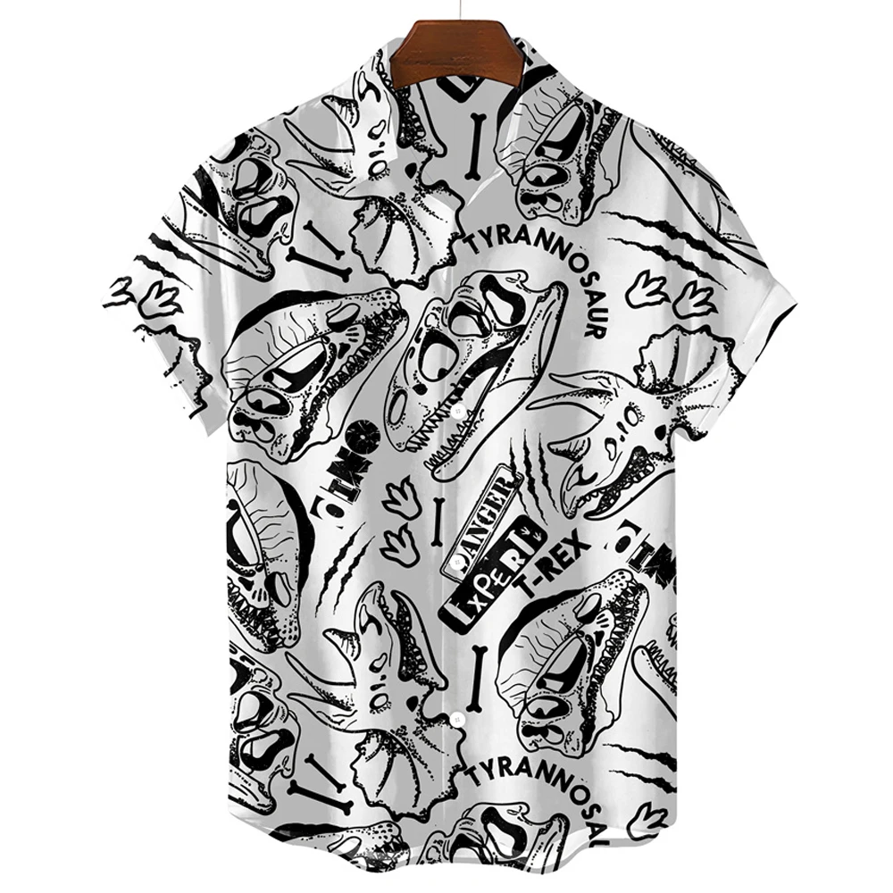 Black And White Simple Men's Shirt Cute Dinosaur Print Men's Clothing Lapel Oversized Short Sleeve Shirt Fashion Street Tops 4