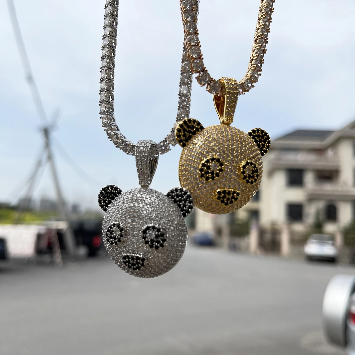 Crown Panda 24 Rope Chain Bear Bling Pendant White Head Gold Finish Hip  Hop Necklace 