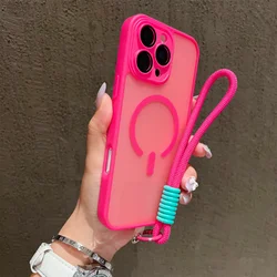 Magnetic Lanyard Wrist Strap Case with Shockproof Matte Bumper Cover and Clear Magsafe Design - iPhone 16 (Glitter pink)
