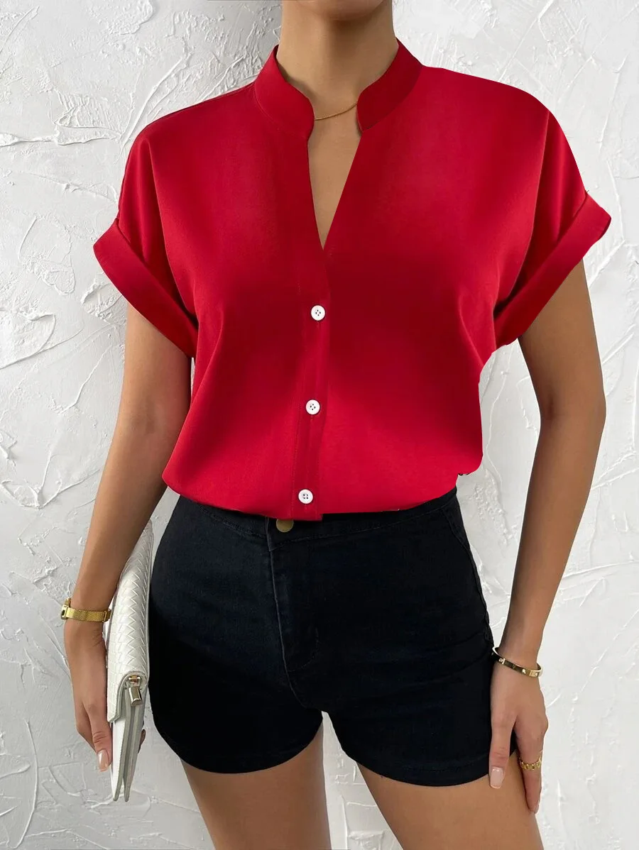 Casual V Neck Solid Shirt Blouse Office Lady Spring Summer