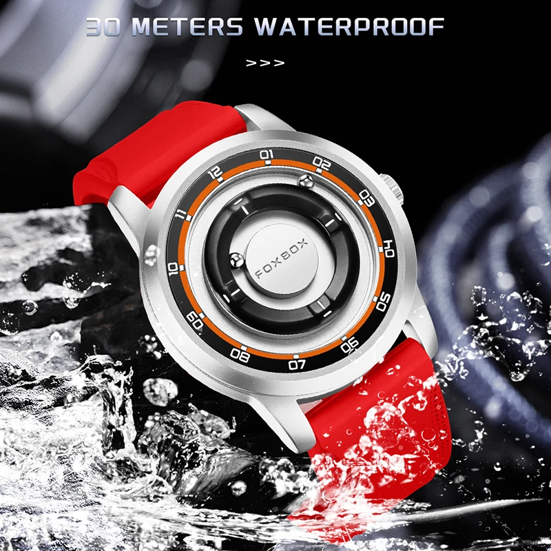 FOXBOX New Men Watch Fashion Red Silicone Waterproof Scrolling Pointer Magnetic Force Quartz Watches For Men Relogio Masculino