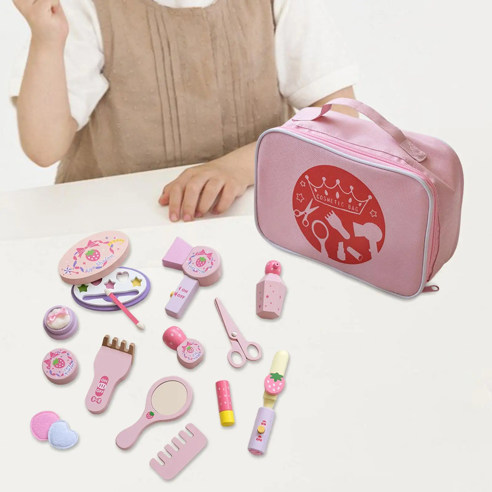 Play House Toys Set Wooden with Cosmetic Bag Lifelike for Role Play Toddler