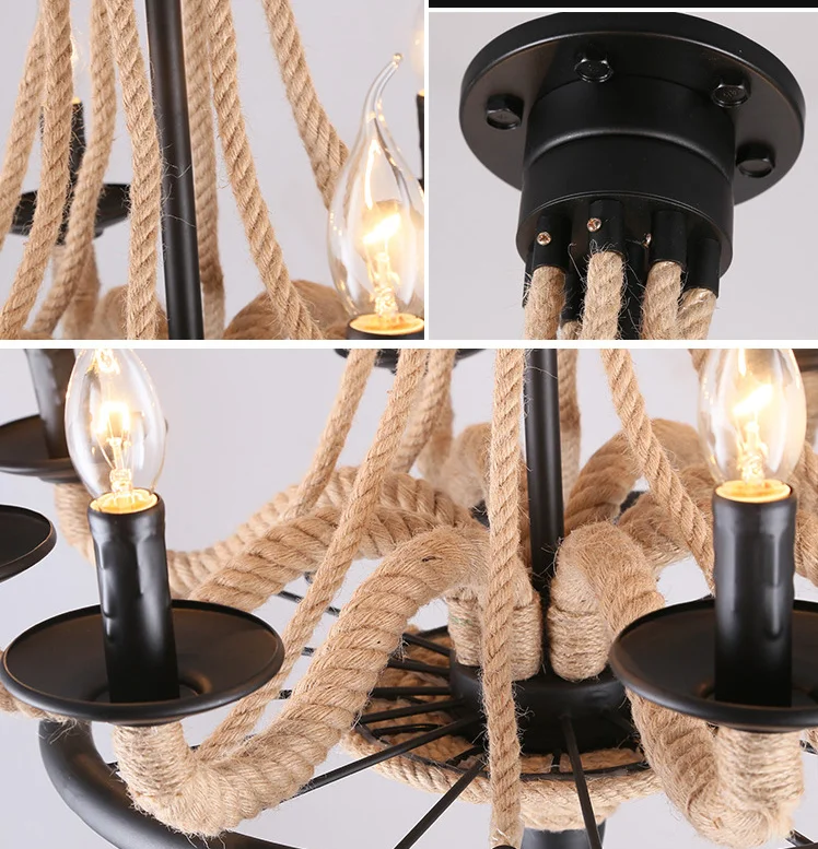 Vintage Hemp Rope Chandelier Lighting Fixture Living Room Hanging Lamps Retro American Industrial Light Home Decoration Room