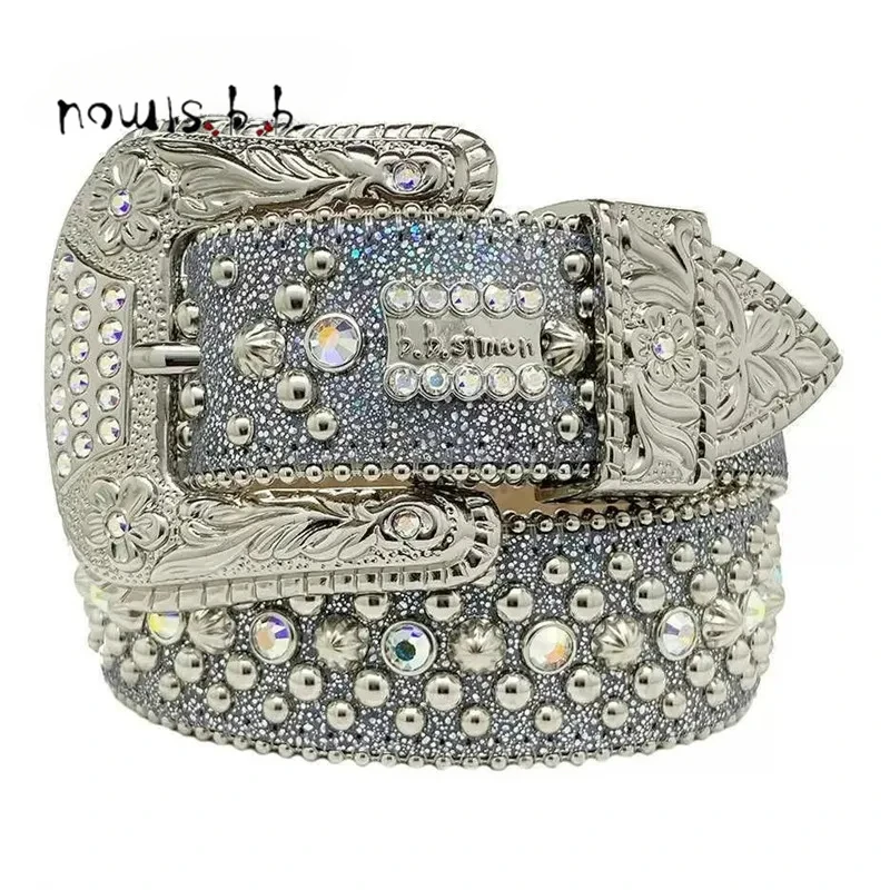 

Punk Dark Western Rhinestones Belts Luxury Brand Leather Strap Cross Flower Buckle Diamond Bling Belt Y2K Cinturones Para Mujer