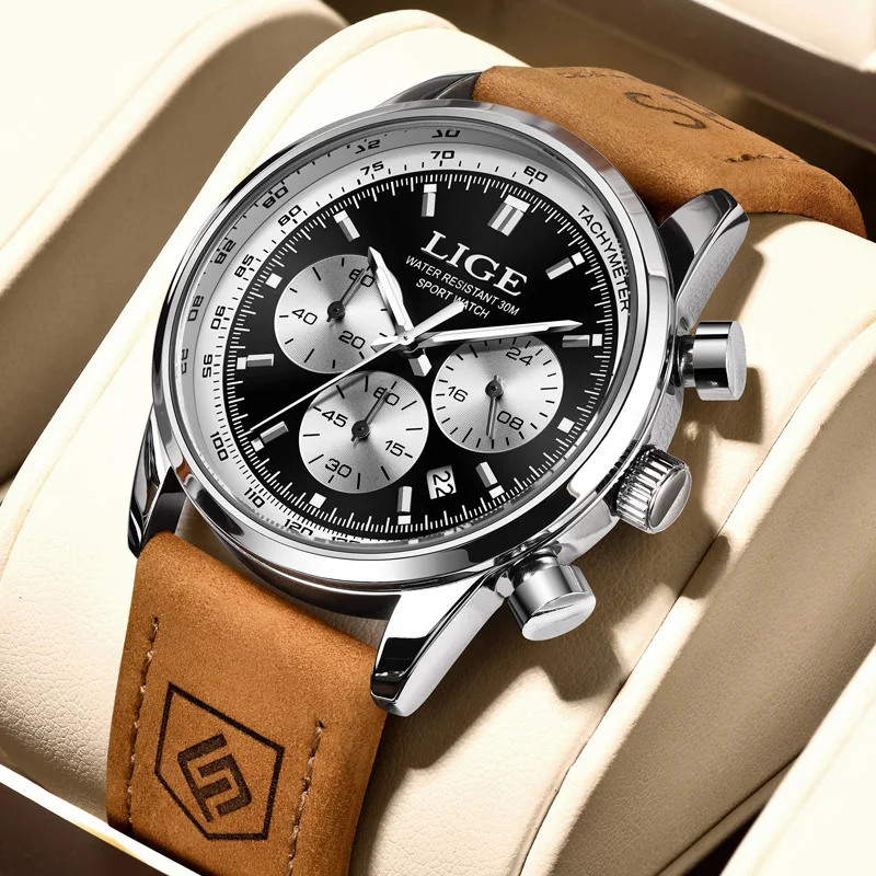LIGE luksusowy męski zegarek wysokiej jakości wodoodporny chronograf Luminous męski zegarek na rękę skórzane męskie zegarki kwarcowe zegar na co dzień