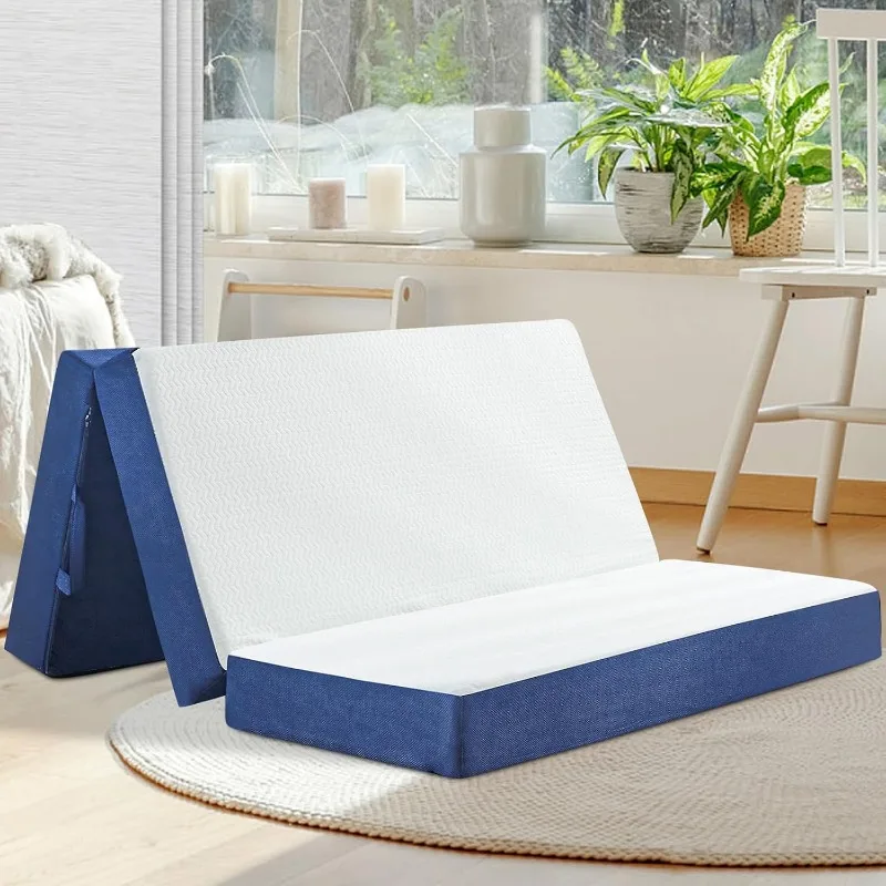 Memory Foam Single Folding Mattress Cot Mattress,4 Inch Foldable Mattress Topper with Cover, Breathable Floor