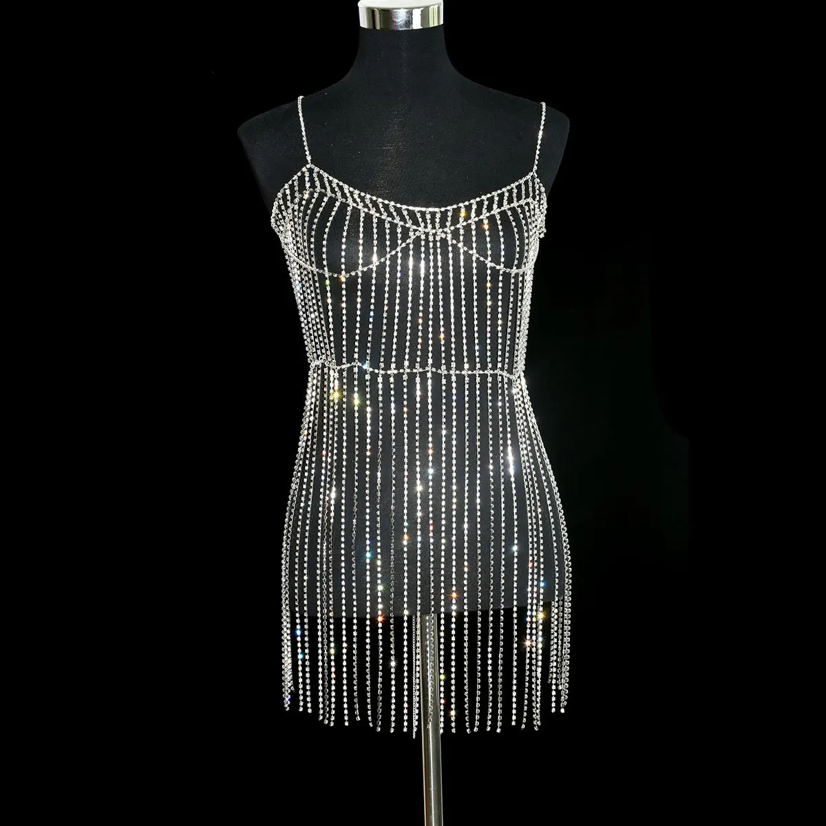 Handmade Luxury Rhinestone Backless Chain Tassel Dress Body Chain Sexy Club Dresses Women Girls Bikini Party Dress