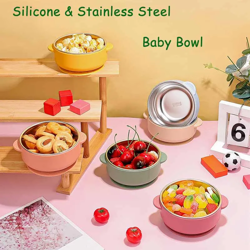 Silicone Sucker Bowl Detachable Stainless Steel Bowl Baby Feeding Tableware Infant and Baby Learning To Eat Silicone Feeding Set
