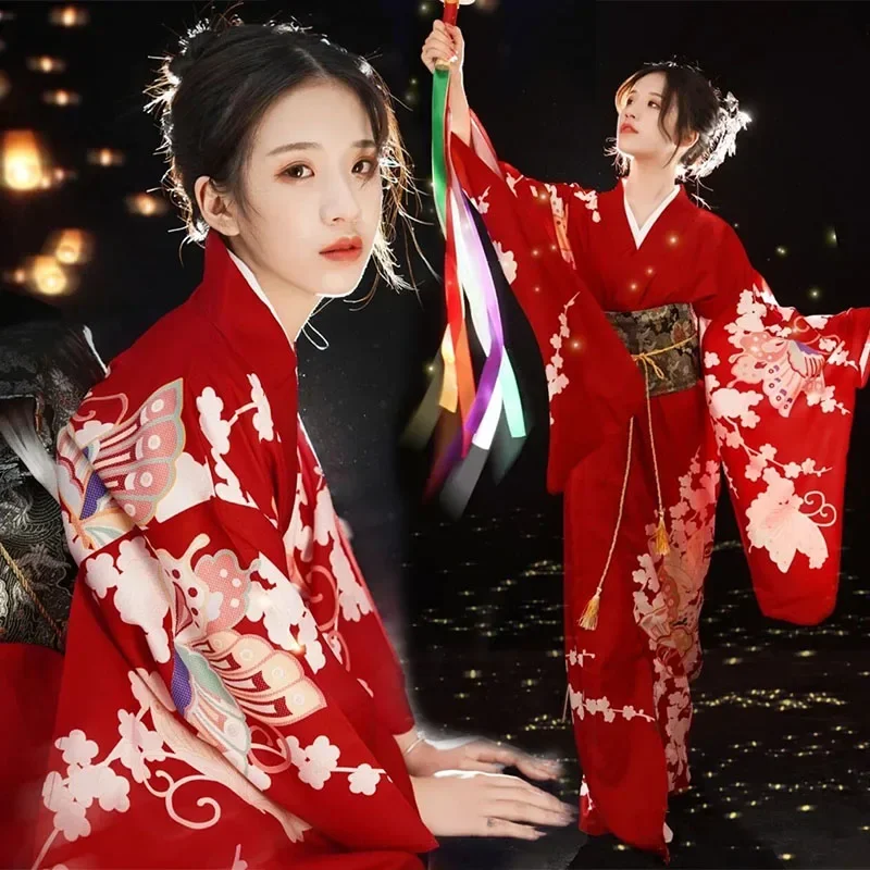 

Японское платье, традиционное кимоно, женская одежда, винтажная красная искусственная кожа, костюмы для косплея юкаты, фотосъемка для выступлений