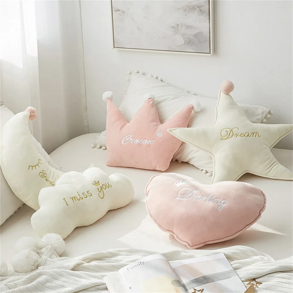 

Cute Embroidered Plush Pillow Home Decoration Moon Star Cloud Shaped Seat Cushion Car Office Chair Waist Rest Throw Pillow Gift