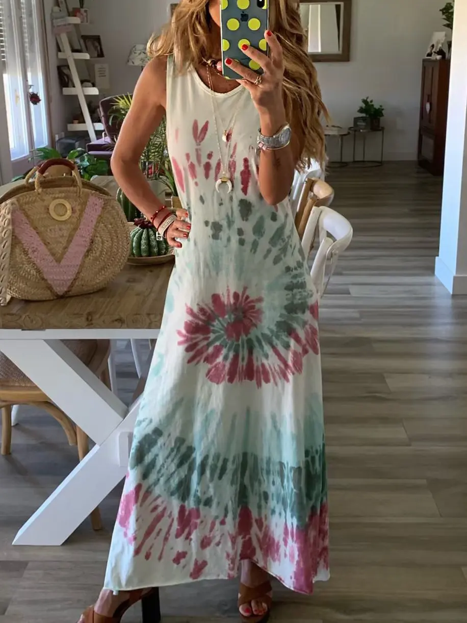 

2023 Autumn Women's Dress O-neck Sleeveless Boho Print Tank Floor-length Dresses Female New Fashion Loose Beach Ladies Clothes