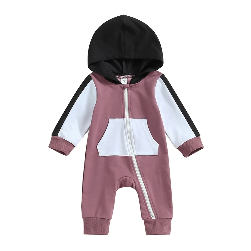 

Newborn Baby Boy Fall Clothes Contrast Color Long Sleeve Zipper Hood Romper with Pocket Infant Fall WInter Outfit