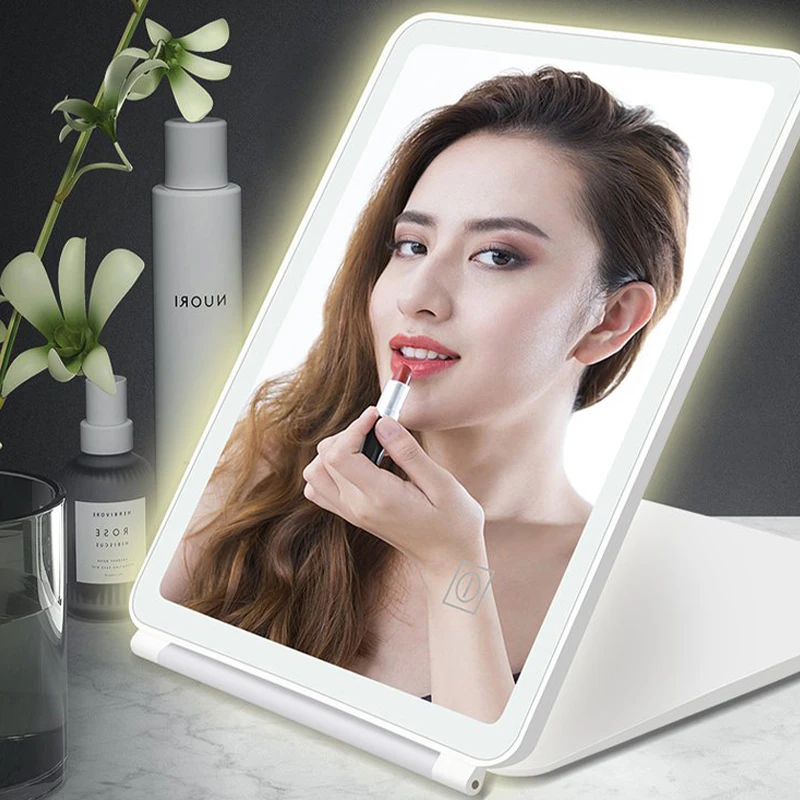 Inteligente Folding LED Makeup Mirror, Touch Screen Mirror, 180 Graus Rotating Cosmetic Mirror, Suporte do carregador USB