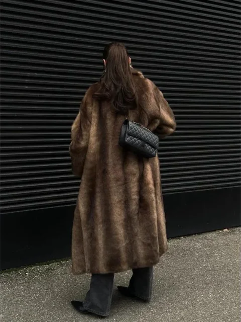 Fashion Mixed Color Lapel Collar Woman Long Coat Elegant Full Sleeve Loose Overcoat New Winter Lady High Street Faux Fur Jacket 3