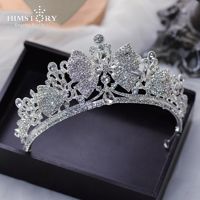 

HIMSTORY Baroque Silver Color Crystal Bridal Tiaras Crown Big Bowknot Rhinestone Pageant Diadem Luxury Wedding Hair Accessorie