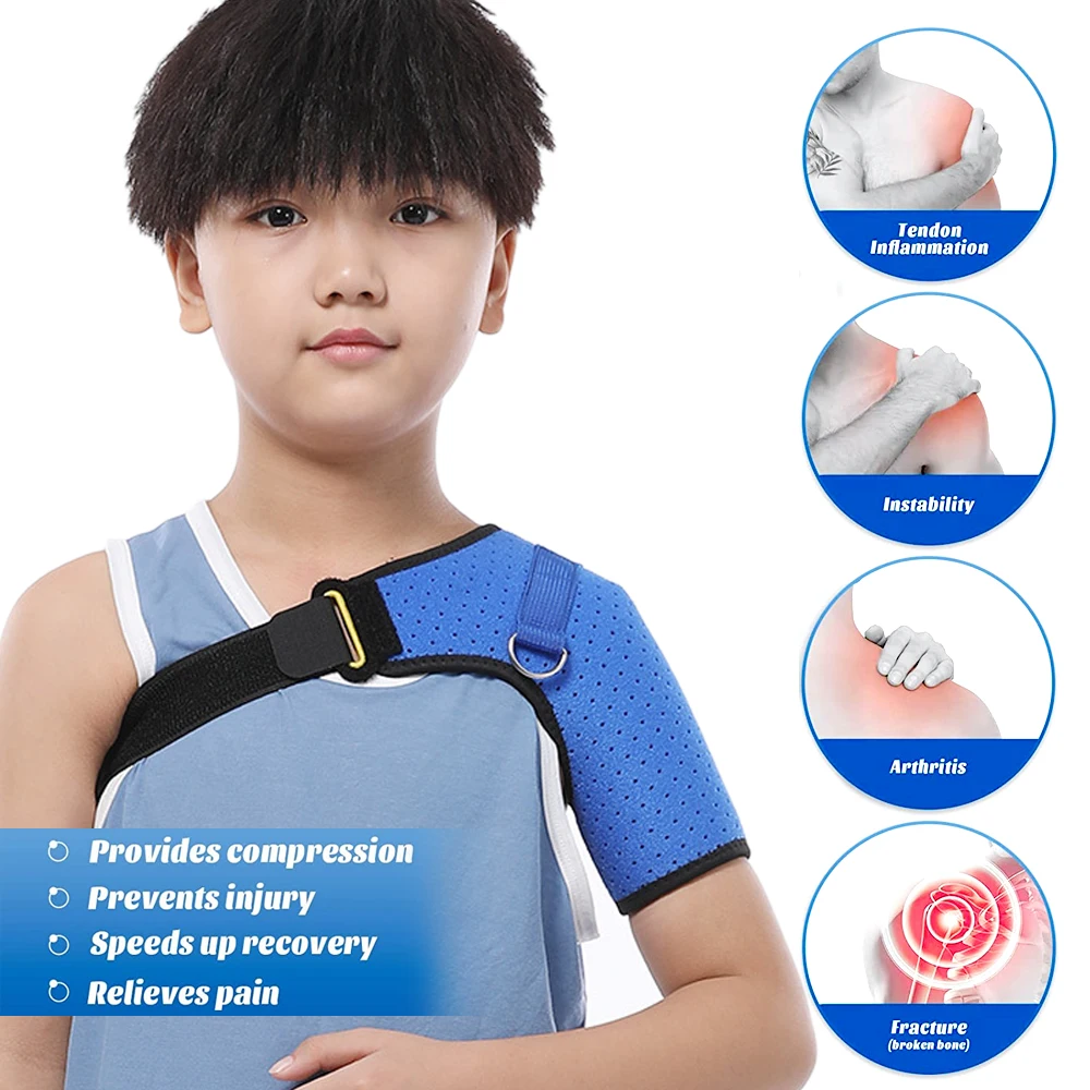 Children shoulder brace neoprene adjustable rotator cuff AC joint sprain bursitis tendinitis Black Blue