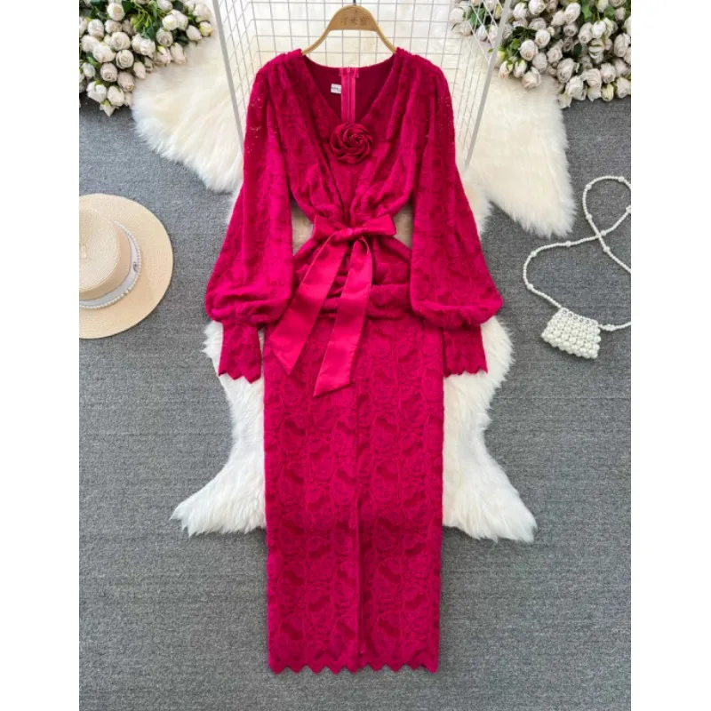 

2024 Fashion V-neck lantern long sleeve high waist lace dress
