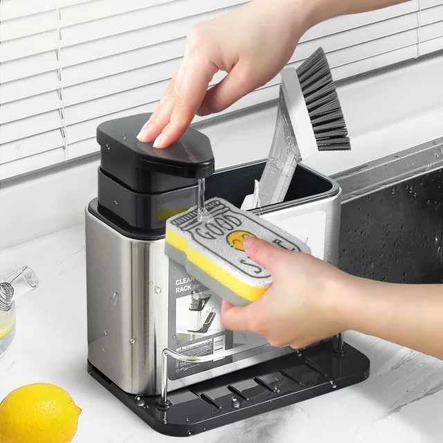 3-in-1 KITCHEN SOAP Dispenser ผู้ถือฟองน้ําจานสบู่สแตนเลสอ่างล้างจานถาดกันสนิม Drainer Rack 4