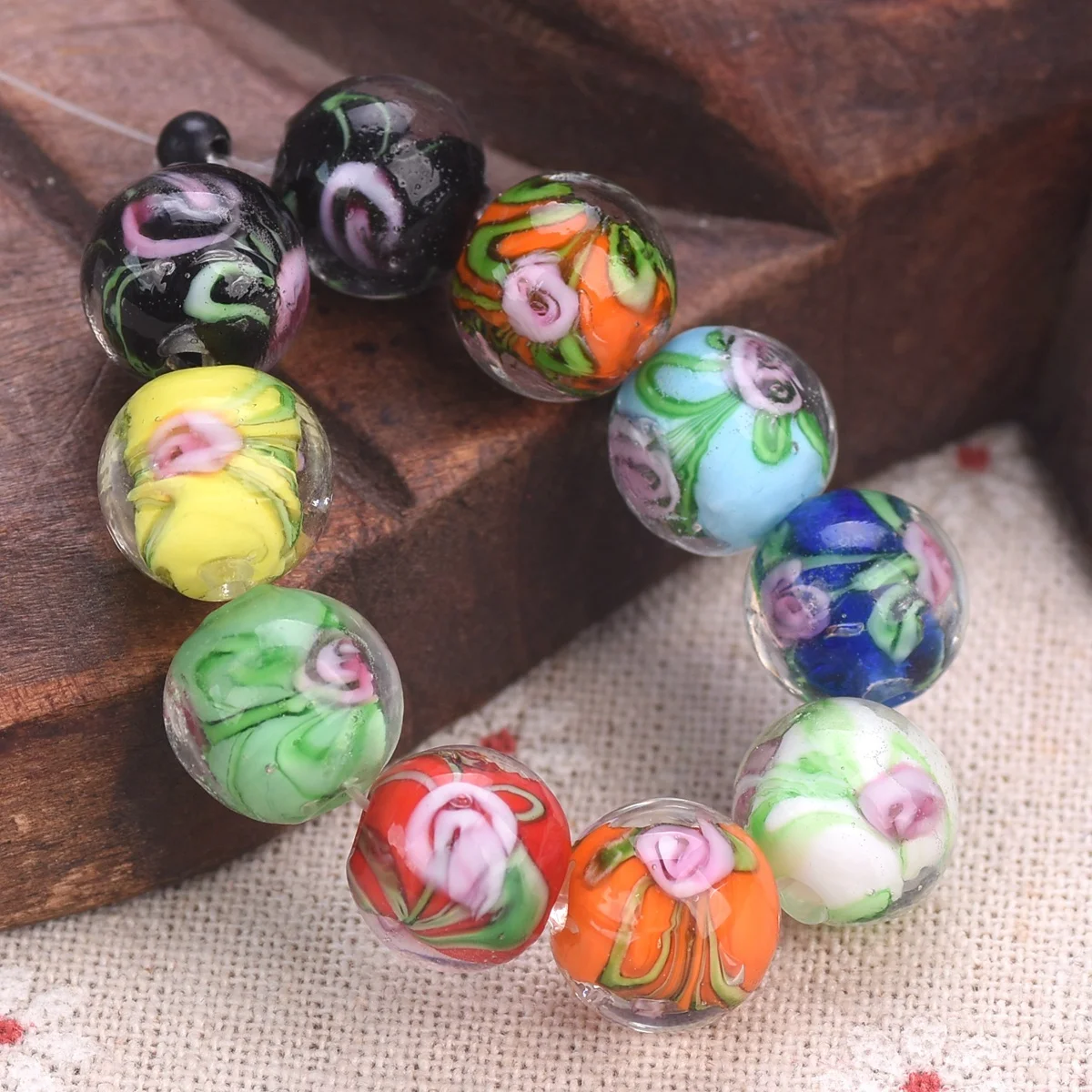5pcs Handmade Flower Pattern Round 12mm Lampwork Glass Loose Beads For Jewelry Making DIY Bracelet Findings