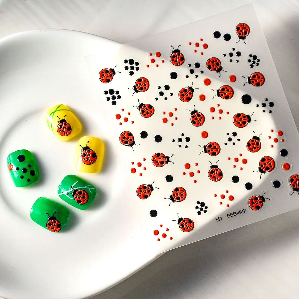 Ladybug Nail Sticker 5D Relief Beetle Insect Nail Decal Slider Manicure Tatto FEB-402 nail stickers,nail decals