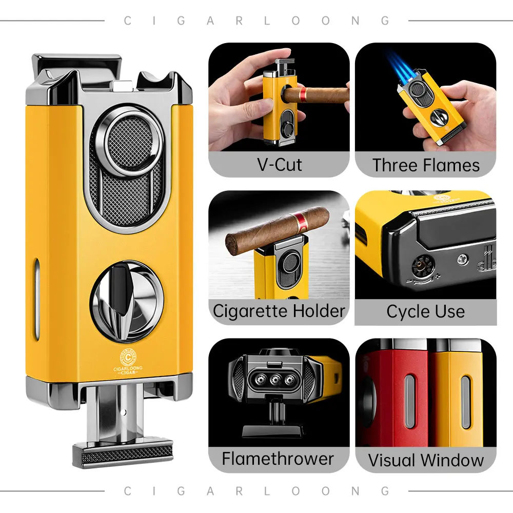Cigar Lighter 3 IN 1 with V Shape Cigar Cutter Windproof Blue Flame Visual Window Smoking Accessory Inflatable Gift Box CB-24FT2