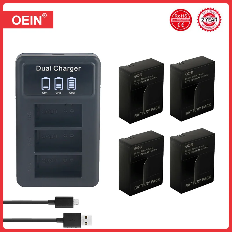 DuraPro 1250mAh 3X AHDBT-301 cargador USB LCD 3 ranuras para cámaras de acción Gopro Hero 3 3